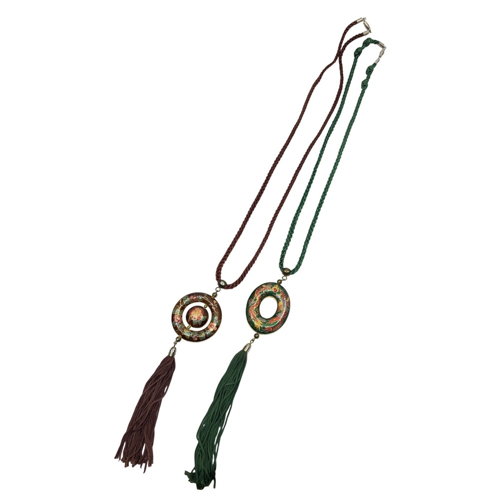 Vintage Cloisonne Enamel Tassel Necklaces Dragon Floral Green Brown Set of 2